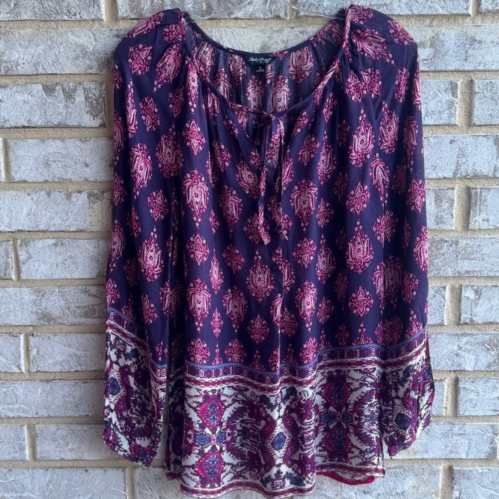 Lucky Brand Long Sleeve Tie Neck Peasant Boho Blouse Women's Size S